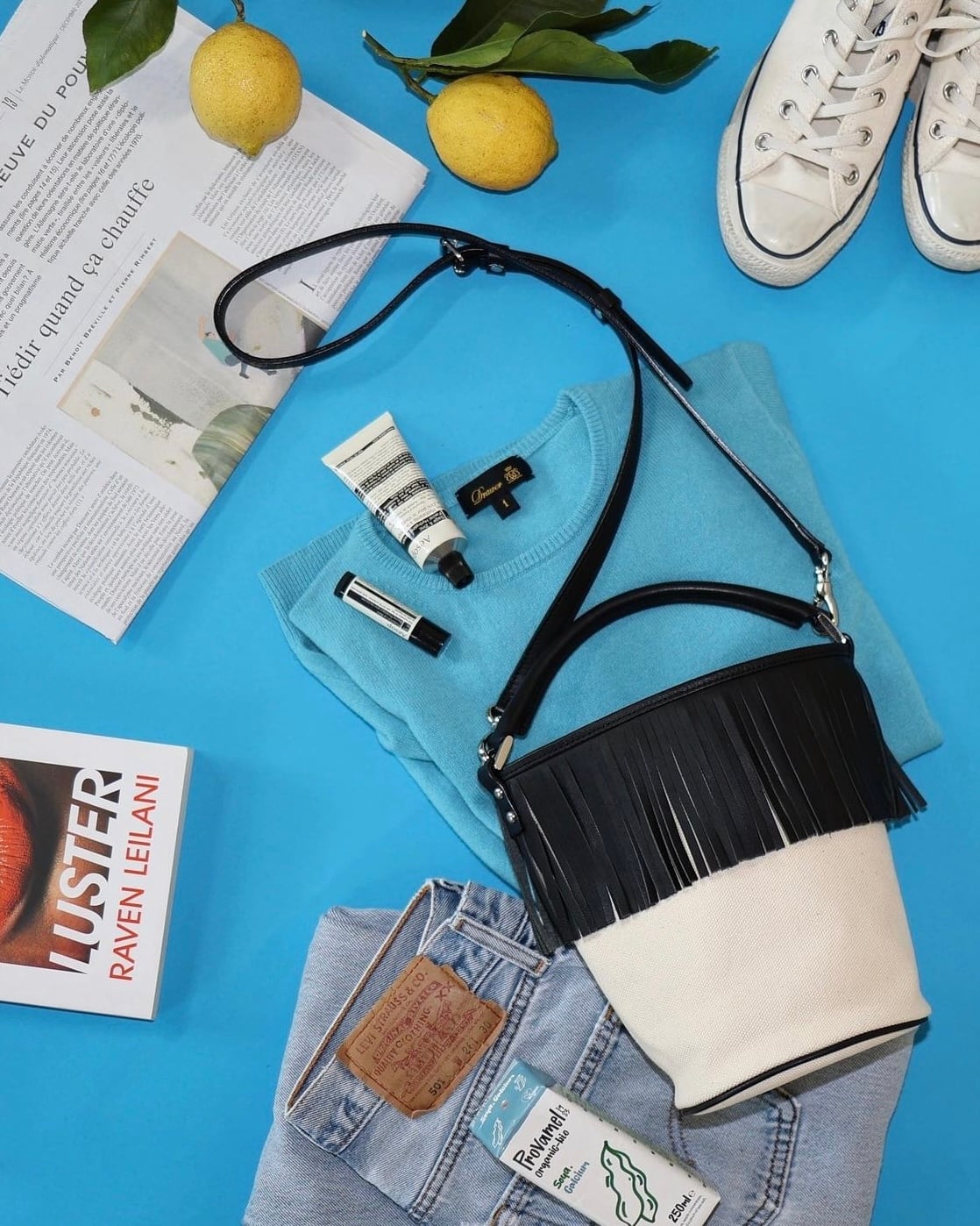 Fringe Bucket Bag black /camel